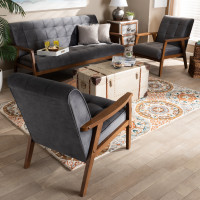 Baxton Studio TOGO-Grey Velvet/Walnut-3PC SF Set Asta Mid-Century Modern Grey Velvet Fabric Upholstered Walnut Finished Wood 3-Piece Living Room Set